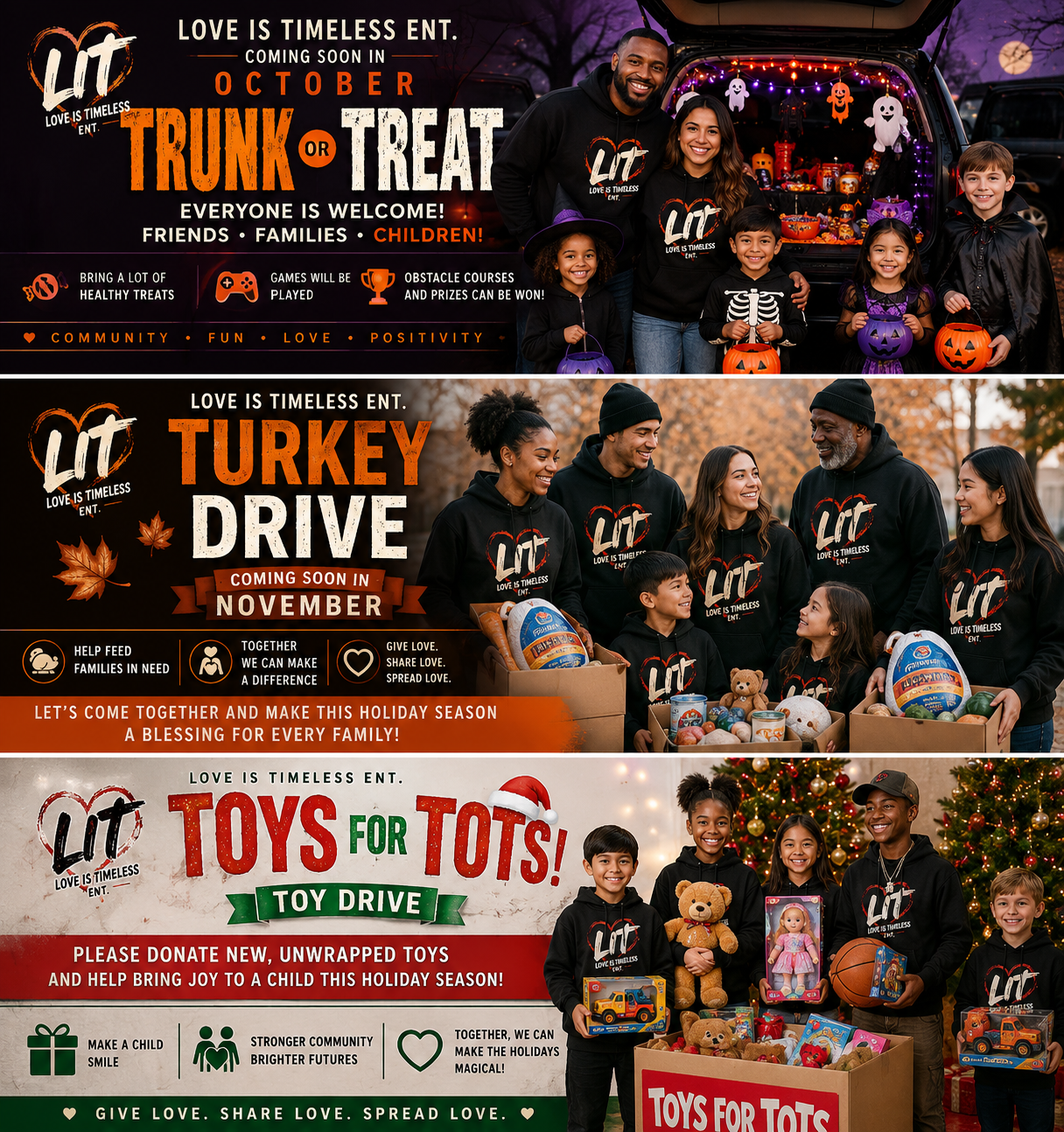 Love Is Timeless Ent seasonal events flyer featuring Trunk or Treat, Turkey Drive, and Toys for Tots